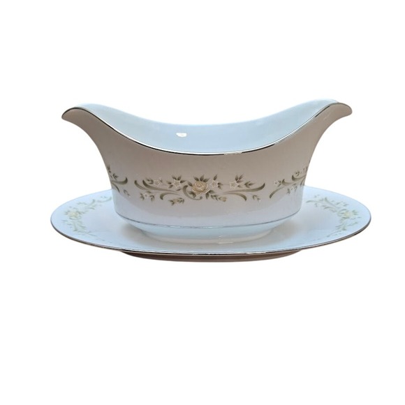 Other - SANGO China Gravy Boat Attached Underplate Debutant‎ Pattern Gold Trim